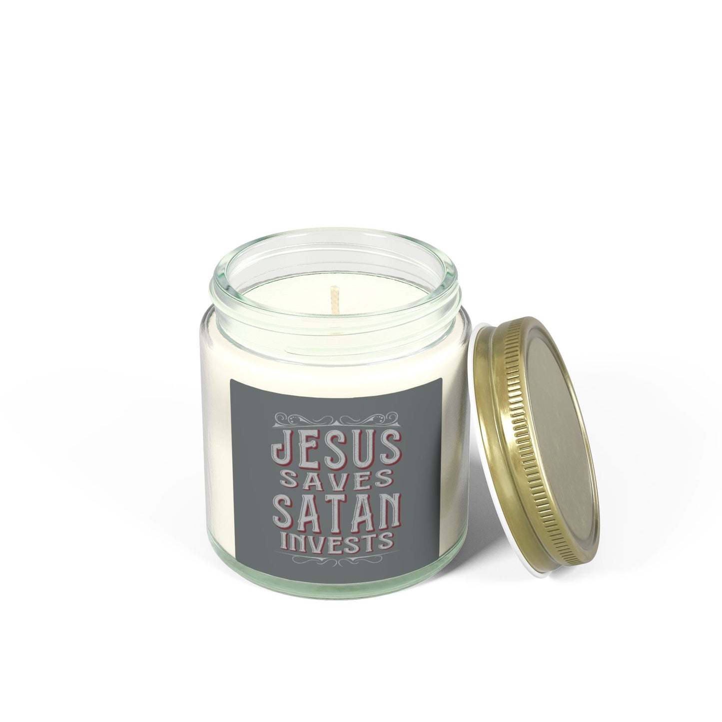 Jesus Saves, Satan Invests | Scented Candles, Coconut Apricot Wax (4oz, 9oz)