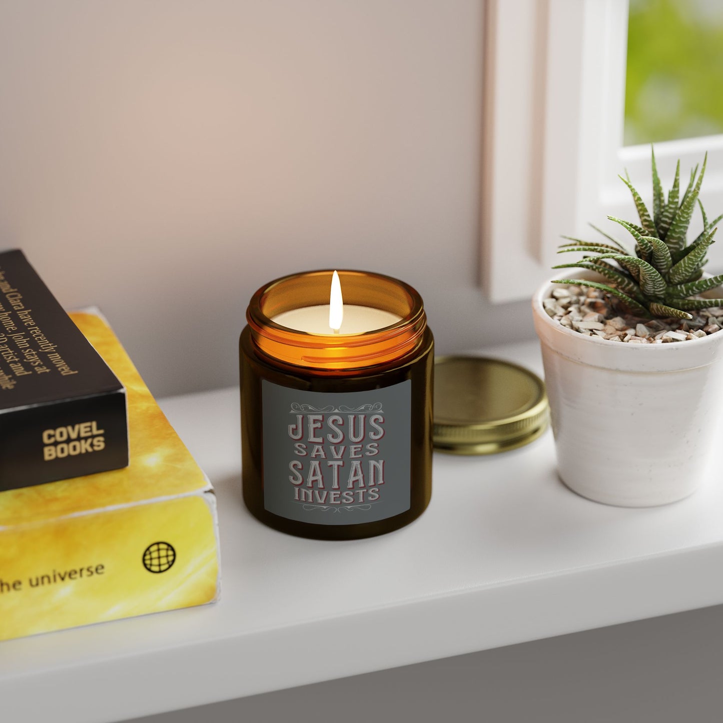 Jesus Saves, Satan Invests | Scented Candles, Coconut Apricot Wax (4oz, 9oz)
