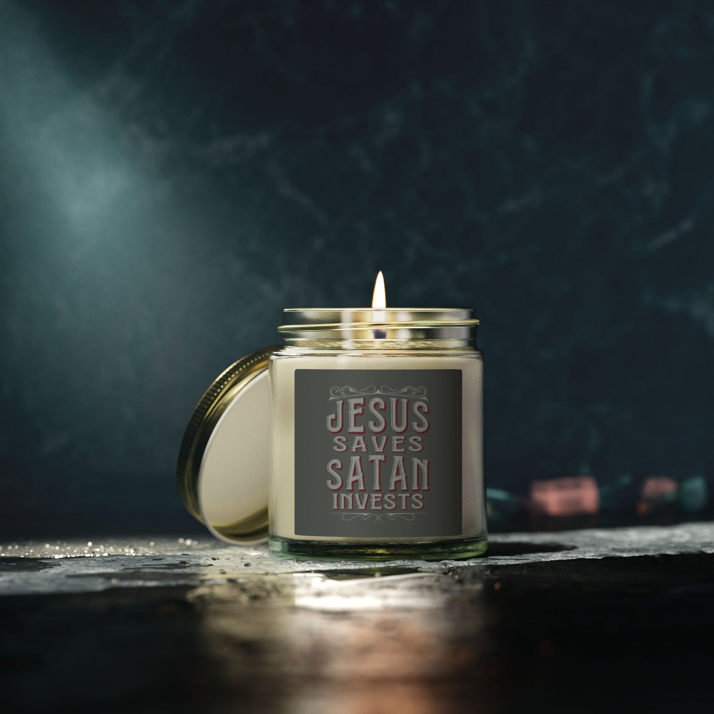 Jesus Saves, Satan Invests | Scented Candles, Coconut Apricot Wax (4oz, 9oz)
